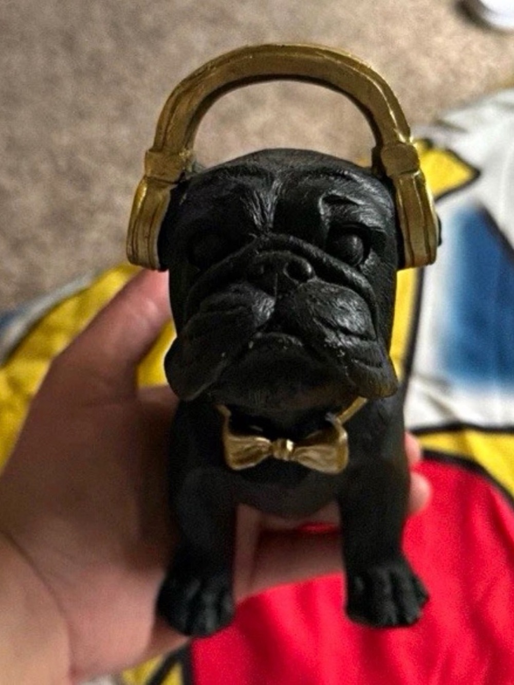 Black Ceramic Bulldog Figurine with Gold Headphones and Bow - Home Art Ceramics